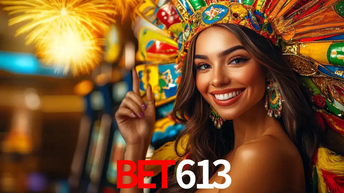 Mulher sorridente com um cocar de carnaval vibrante e colorido, celebrando uma grande vitória nos jogos do cassino bet613 com fogos de artifício ao fundo.