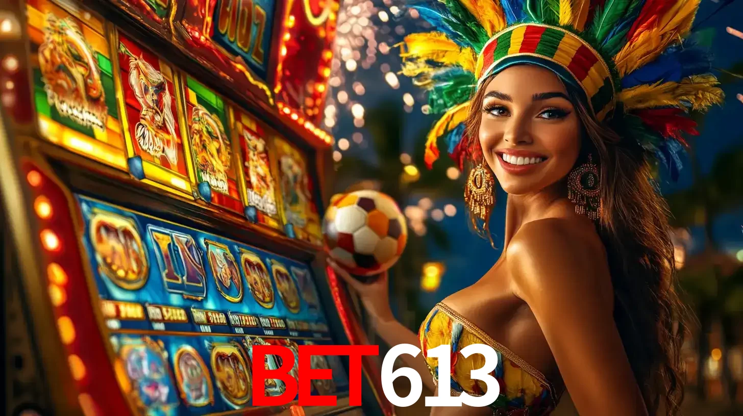 Mulher com um cocar de carnaval ao lado de uma máquina de caça-níqueis enquanto segura uma bola de futebol, mostrando a união da diversão de cassino e esportes no bet613.