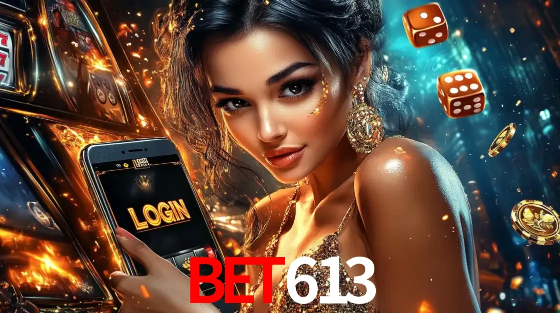 Mulher glamourosa segurando um celular com a tela de login do cassino bet613, rodeada por dados e moedas douradas, pronta para começar a diversão.