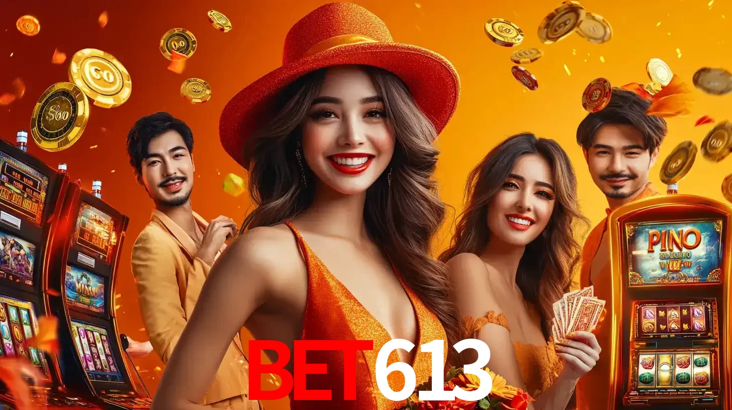 Grupo de amigos asiáticos sorrindo e se divertindo com máquinas de caça-níqueis em um ambiente festivo, celebrando suas vitórias nos jogos de cassino do bet613.