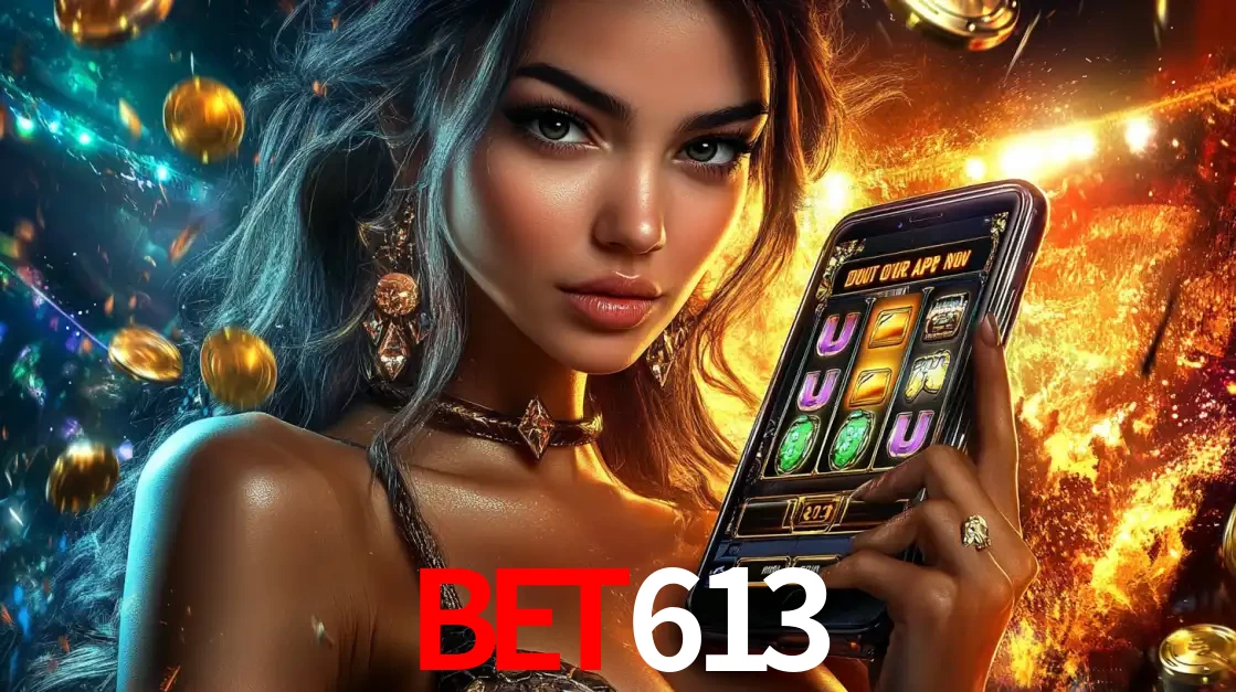 Mulher elegante mostrando um jogo de caça-níqueis em seu smartphone, destacando a experiência de cassino móvel oferecida pelo aplicativo bet613.