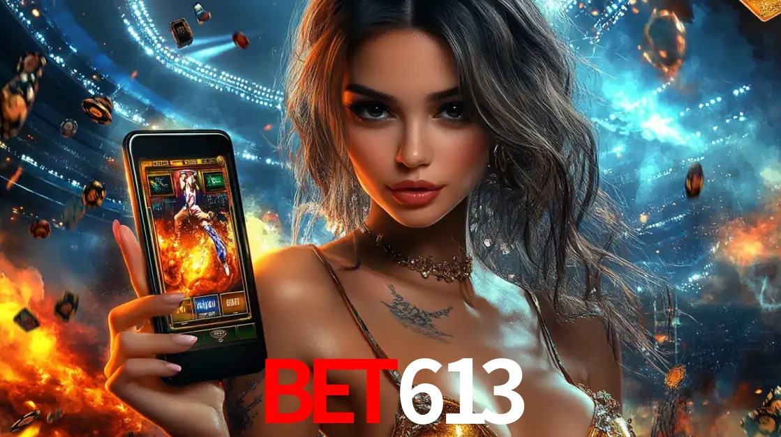 Mulher segurando um celular com um jogo de slot em destaque, tendo como fundo um estádio vibrante, simbolizando a emoção de jogar no cassino móvel bet613.
